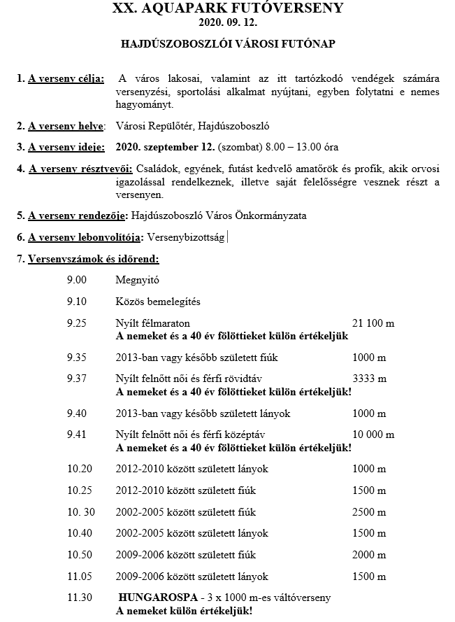 Kiírás: XX. AQUAPARK FUTÓVERSENY (2020-09-12) kiírás